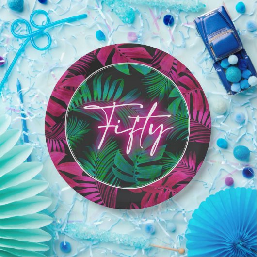 Neon Pink Tropical 50. Geburtstag Pappteller (Party)