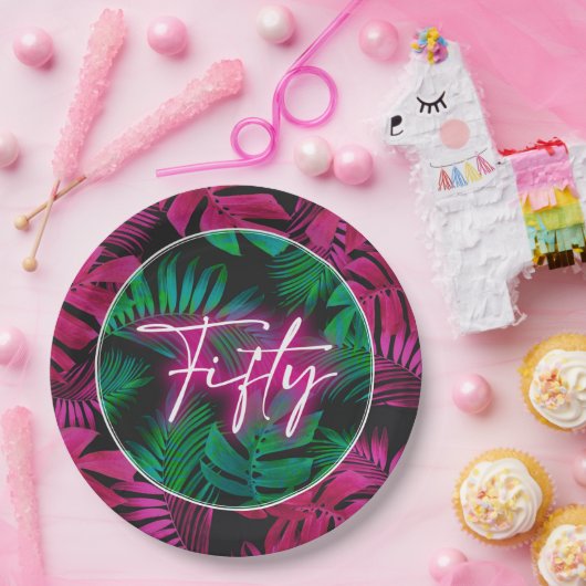 Neon Pink Tropical 50. Geburtstag Pappteller (Party)
