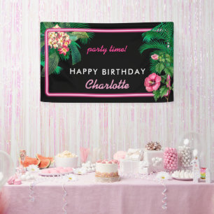 Neon Pink Tropical Botanicals Geburtstagsparty Banner