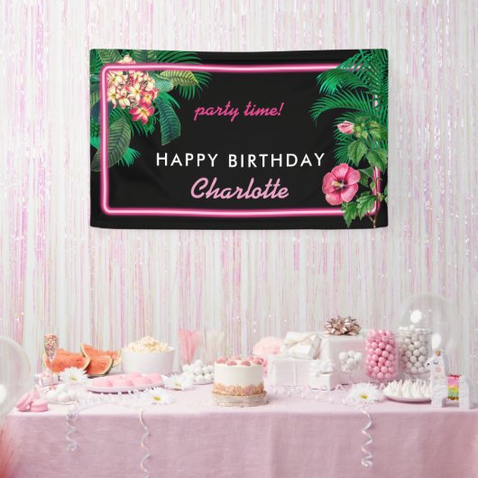 Neon Pink Tropical Botanicals Geburtstagsparty Banner (Party)