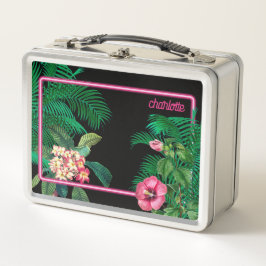 Neon Pink Tropical Botanicals Monogramm Metall Brotdose