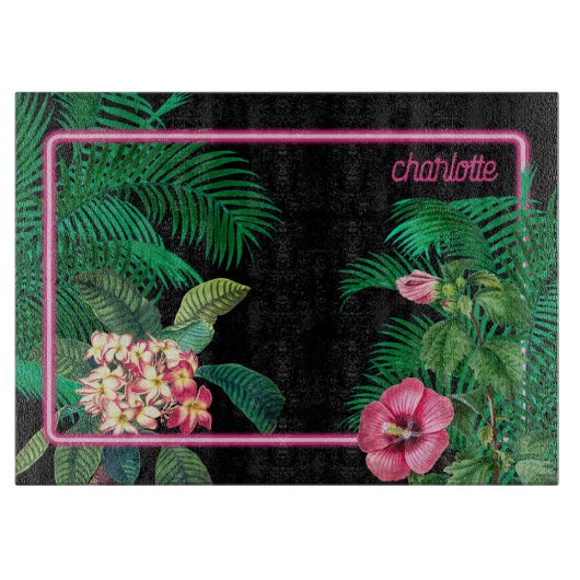 Neon Pink Tropical Botanicals Monogramm Schneidebrett (Vorderseite)