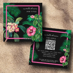 Neon Pink Tropical Botanicals QR Code Social Media Quadratische Visitenkarte