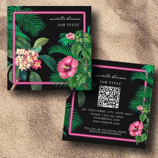 Neon Pink Tropical Botanicals QR Code Social Media Quadratische Visitenkarte