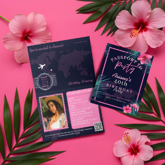 Neon Pink Tropical Passport Zielort Geburtstag Einladung