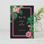 Neon Pink Tropical Retro Botanicals Hochzeit Dankeskarte (Stehend Vorderseite)