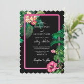 Neon Pink Tropical Retro Botanicals Hochzeit Einladung (Stehend Vorderseite)