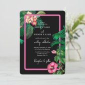 Neon Pink Tropical Retro Botanicals Hochzeit Einladung (Stehend Vorderseite)
