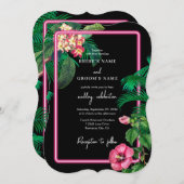 Neon Pink Tropical Retro Botanicals Hochzeit Einladung (Vorne/Hinten)