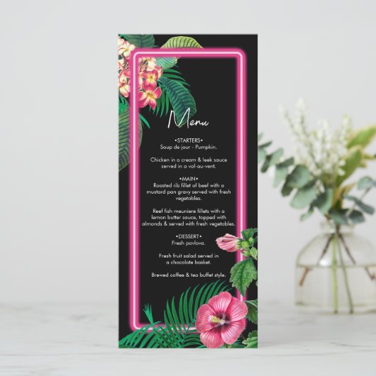 Neon Pink Tropical Retro Botanicals Hochzeit Menükarte (Stehend Vorderseite)