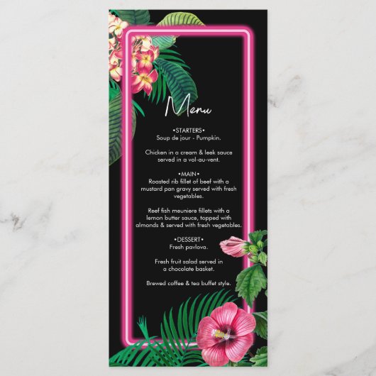 Neon Pink Tropical Retro Botanicals Hochzeit Menükarte (Vorderseite)