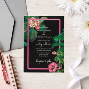 Neon Pink Tropical Retro Botanicals Hochzeit Pergament Einladungen