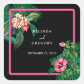 Neon Pink Tropical Retro Botanicals Hochzeit Quadratischer Aufkleber (Vorderseite)