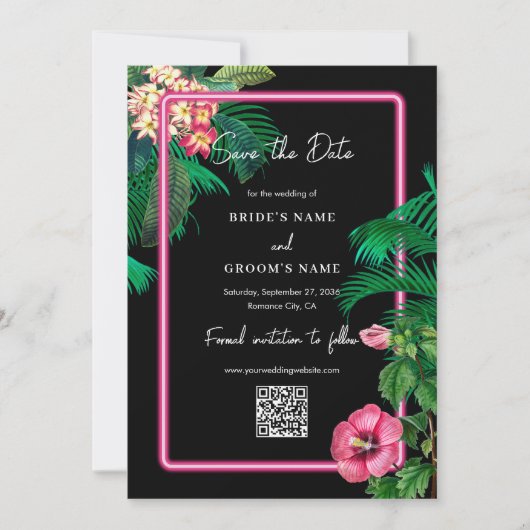 Neon Pink Tropical Retro Botanicals Hochzeit Save The Date (Vorderseite)