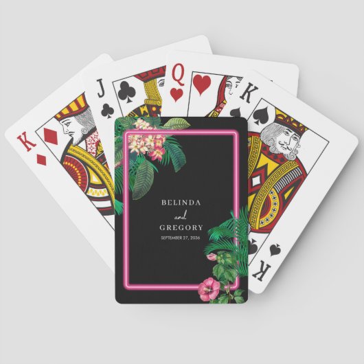 Neon Pink Tropical Retro Botanicals Hochzeit Spielkarten (Rückseite)