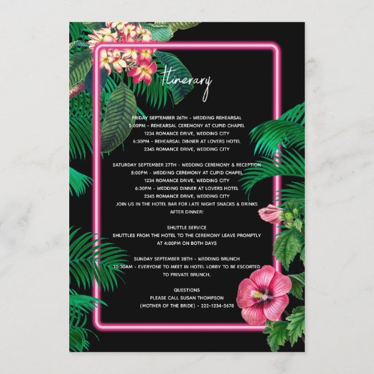 Neon Pink Tropical Retro Hochzeitsreise Programm (Rückseite)
