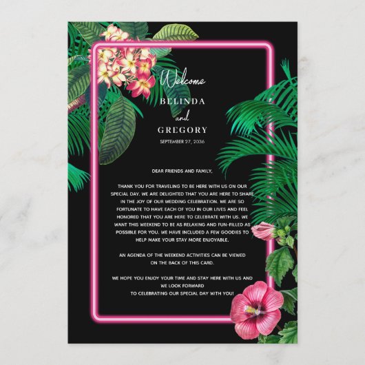 Neon Pink Tropical Retro Hochzeitsreise Programm (Vorderseite)