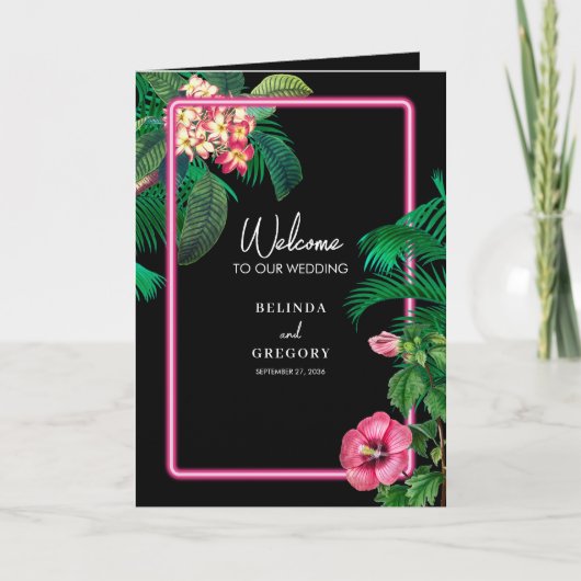 Neon Pink Tropical Retro Wedding Order of Service Programm (Vorderseite)