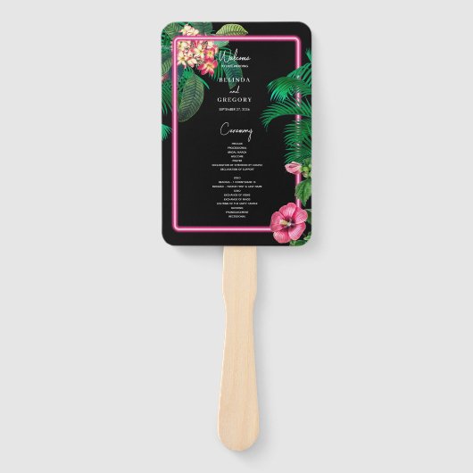 Neon Pink Tropical Retro Wedding Program Fächer (Vorderseite)