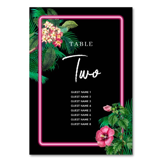 Neon Pink Tropical Retro Wedding Program Tischnummer (Vorderseite)