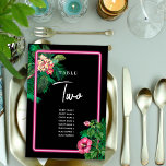 Neon Pink Tropical Retro Wedding Program Tischnummer<br><div class="desc">Ein modernes und dennoch Retro-Thema Neon rosa tropischen botanischen Botanicals auf einem schwarzen Hintergrund. Ein schönes Hochzeitsdesign, ideal für den Sommer. Die tropischen Pflanze in Neonrosa sind mit Palmen, Blume aus rosafarbenem Hibiskus und Blume aus Plumerias Frangipanis gestaltet. Schwarz, Rosa und Grün dominieren dieses tropisch-rosa Neondesign. Die moderne kalligraphische Typografie...</div>