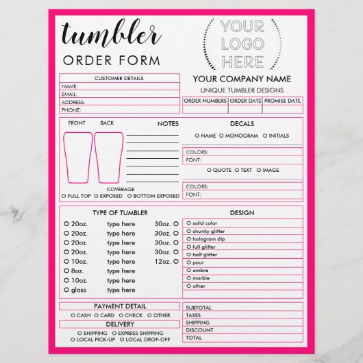 Neon Pink Tumbler Tasse Cup Bestellformular Flyer (Vorne)