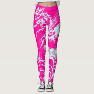 Neon Pink und Aquamarin Dragon Muster Athletic Leggings