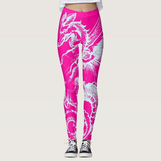 Neon Pink und Aquamarin Dragon Muster Athletic Leggings (Vorderseite)