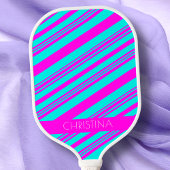 Neon Pink und Blue Stripes Trendy Stilvoller Name Pickleball Schläger