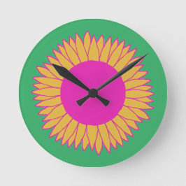 Neon Pink und Orange auf grüner Sonnenblume Runde Wanduhr