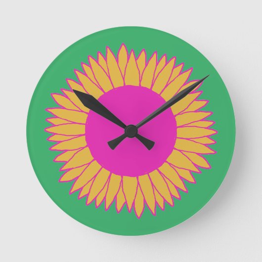 Neon Pink und Orange auf grüner Sonnenblume Runde Wanduhr (Vorderseite)