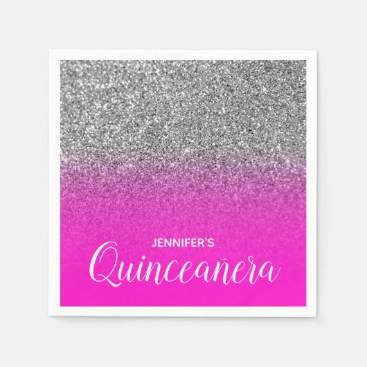 Neon Pink und Silver Glitzer Ombre Quinceanera Serviette (Vorderseite)