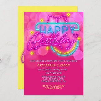 Neon Pink und Yellow Happy Geburtstags-Party Einladung