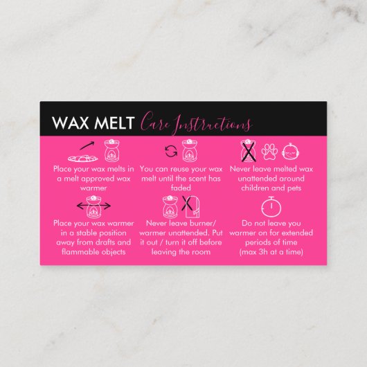 Neon Pink Wax Melt Care Instruktionen Visitenkarte (Rückseite)