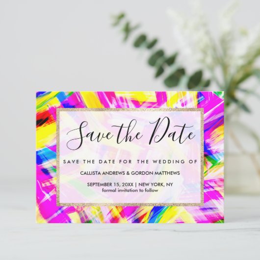 Neon Pink Yellow Brushstroke Explosion Art Save The Date (Stehend Vorderseite)