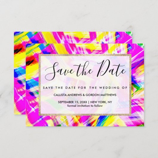 Neon Pink Yellow Brushstroke Explosion Art Save The Date (Vorne/Hinten)