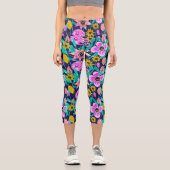 Neon Pink Yellow Floral Blätter Aquarellmuster Capri Leggings (Vorderseite)