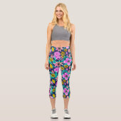 Neon Pink Yellow Floral Blätter Aquarellmuster Capri Leggings (Vorderseite)