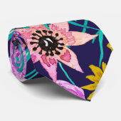 Neon Pink Yellow Floral Blätter Aquarellmuster Krawatte (Gerollt)