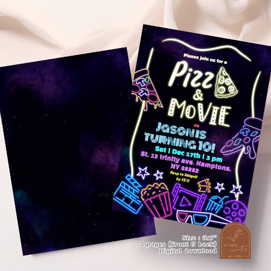 Neon Pizza and Movies Kindergeburtstag Einladung