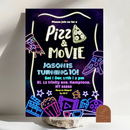 Neon Pizza and Movies Kindergeburtstag Einladung