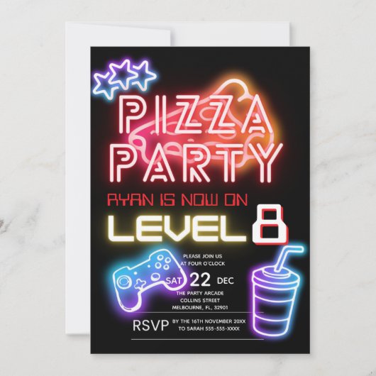 Neon Pizza Party zum Geburtstag Einladung (Vorderseite)