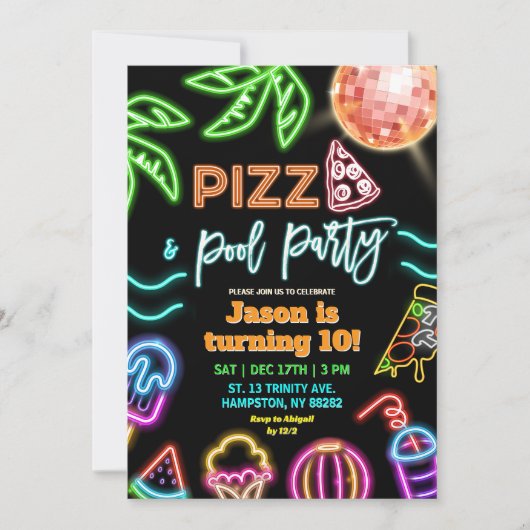 Neon Pizza Pool Party Kindergeburtstag Einladung (Vorderseite)