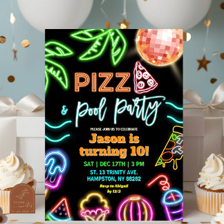 Neon Pizza Pool Party Kindergeburtstag Einladung
