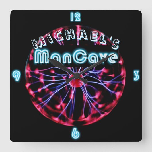 Neon Plasma Ball Mancave Gaming Den Personalisiert Quadratische Wanduhr (Vorderseite)