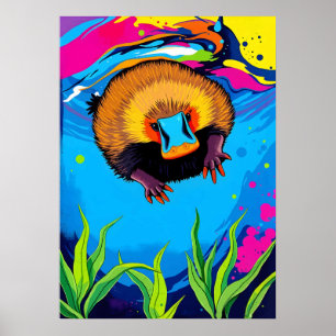 Neon Platypus Underwater Splash - Farbenfrohe Auss Poster