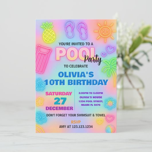 Neon Pool Einladung zum Geburtstag (Stehend Vorderseite)