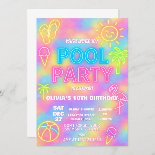 Neon Pool Geburtstagsparty Einladung (Vorne/Hinten)