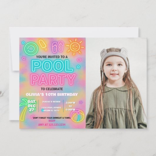 Neon Pool Party Einladung für Kinder und Jugendlic (Vorderseite)
