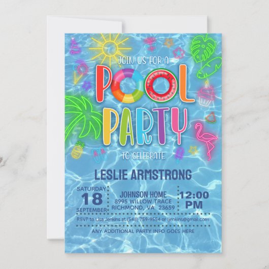 Neon Pool Party Geburtstag Einladung (Vorderseite)